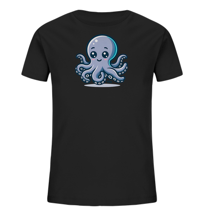 Onlineshop Shirts fuer Kinder - Das Bild zeigt ein schwarzes T-Shirt fuer Kinder mit einer niedlichen Illustration eines Kraken auf der Vorderseite. Der Cartoon-Krake ist hellgrau/blau gefaerbt, hat grosse Augen, rosa Wangen und ein freundliches Laecheln. Seine acht Tentakel sind symmetrisch angeordnet. Dieses Design verleiht dem Shirt einen verspielten Look.