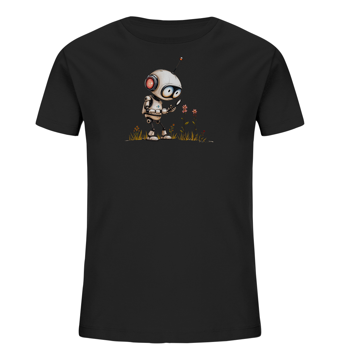 Onlineshop Shirts für Kinder - Dieses Bild zeigt ein schwarzes Kinder-T-Shirt, das auf der Vorderseite mit einer Grafik bedruckt ist. Die Illustration zeigt einen kleinen, niedlichen Roboter in einem Feld mit wenigen, stilisierten Blumen und Grashalmen. Der Roboter ist hellgrau mit einigen farbigen Akzenten wie roten Augen und blauen Details. Er steht inmitten der einfachen Vegetation und scheint sich mit den Blumen zu beschäftigen. Die neutrale Darstellung des Motivs ist für Kinder ansprechend gestaltet.