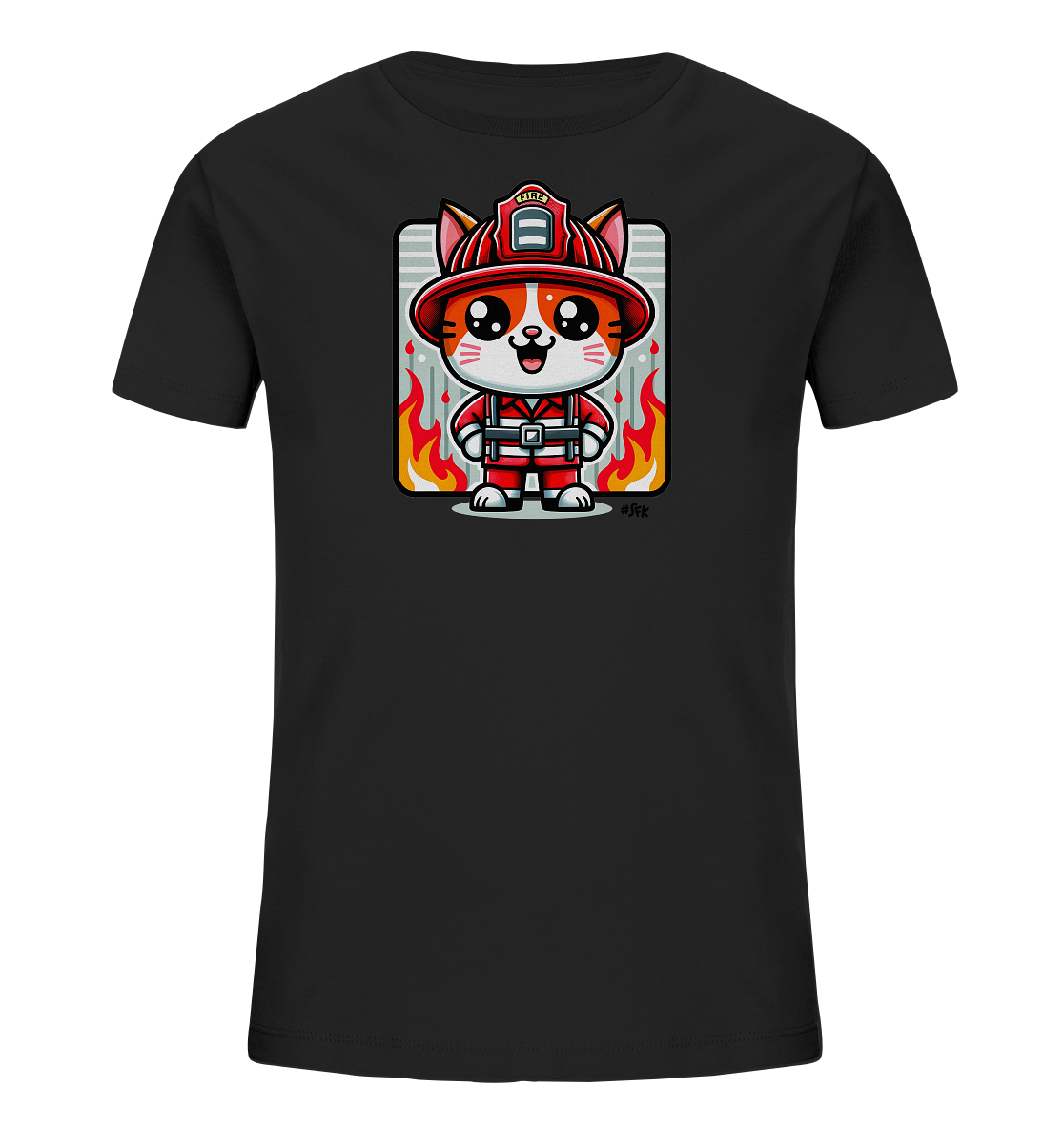 Onlineshop Shirts fuer Kinder - Das Bild zeigt ein schwarzes Kinder-T-Shirt mit einem Comic-Motiv einer Katze in Feuerwehrausruestung. Die Katze traegt einen roten Helm und Anzug und steht vor einem Hintergrund mit Flammen und grauen Streifen. Die Grafik ist farbenfroh und detailliert gestaltet. Dieses Design verleiht dem Shirt einen mutigen und verspielten Look.