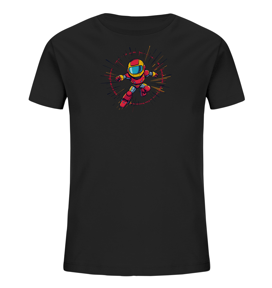 Onlineshop Shirts für Kinder - Das Bild zeigt ein schwarzes T-Shirt für Kinder, auf dessen Vorderseite sich ein farbiger Druck befindet. Der Druck zeigt eine comicartige Figur in einem roten Anzug mit gelben Akzenten und einem passenden Helm. Die Figur ist in einer dynamischen Haltung dargestellt, umgeben von einem kreisförmigen Muster aus Linien in verschiedenen Farben, das Energie oder Geschwindigkeit suggeriert. Das Design wirkt lebendig und actionreich, passend für ein Kindershirt.