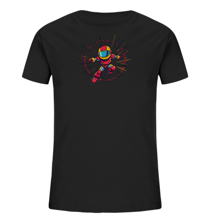Onlineshop Shirts für Kinder - Das Bild zeigt ein schwarzes T-Shirt für Kinder, auf dessen Vorderseite sich ein farbiger Druck befindet. Der Druck zeigt eine comicartige Figur in einem roten Anzug mit gelben Akzenten und einem passenden Helm. Die Figur ist in einer dynamischen Haltung dargestellt, umgeben von einem kreisförmigen Muster aus Linien in verschiedenen Farben, das Energie oder Geschwindigkeit suggeriert. Das Design wirkt lebendig und actionreich, passend für ein Kindershirt.