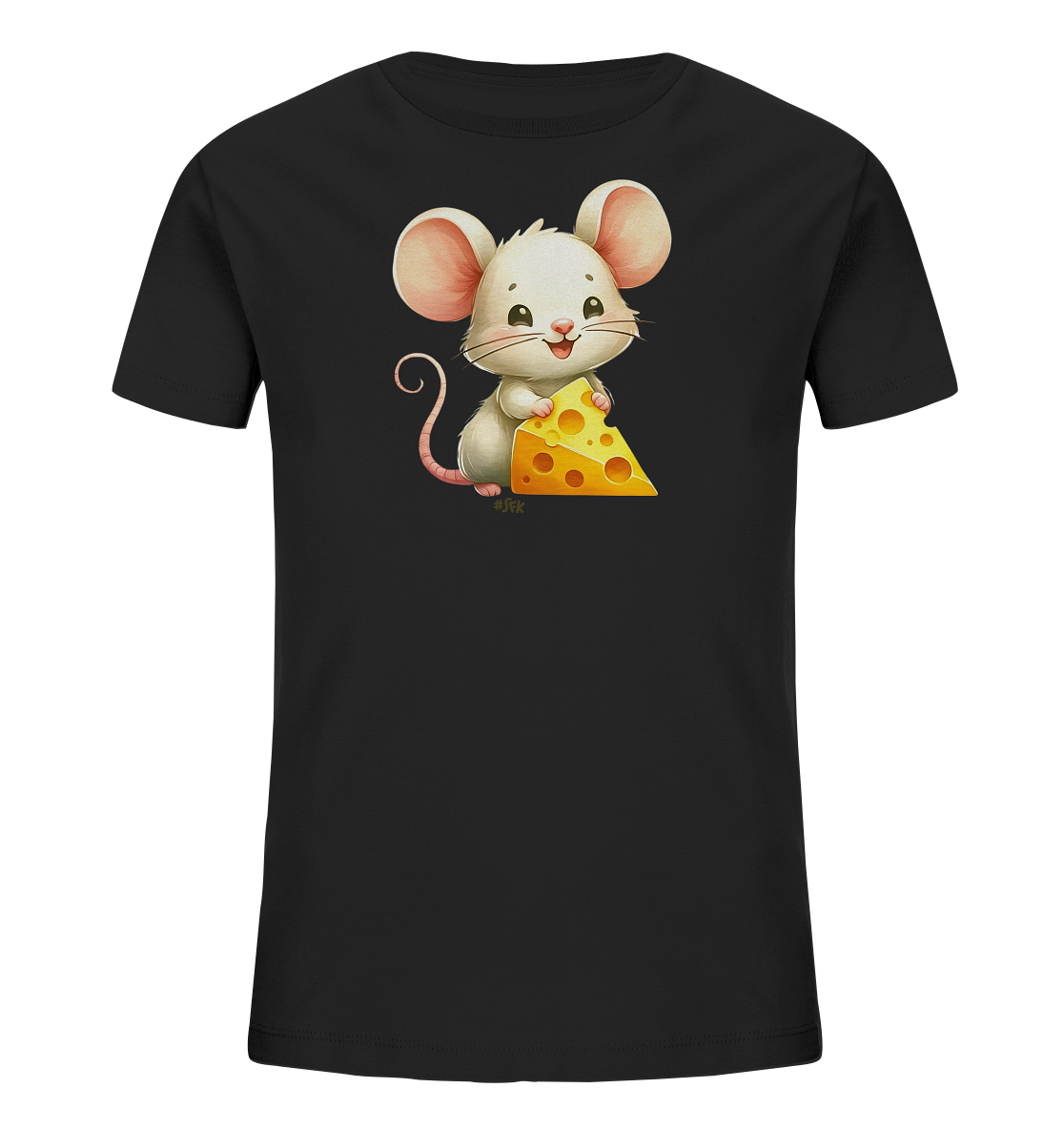 Onlineshop Shirts fuer Kinder - Dieses schwarze T-Shirt fuer Kinder zeigt eine charmante Illustration einer weissen Maus. Die Maus sitzt und haelt ein grosses Stueck gelben Kaese mit Loechern in den Pfoten. Sie hat grosse pinke Ohren und ein froehliches Laecheln. Das Design ist verspielt und ansprechend fuer kleine Tierfreunde.