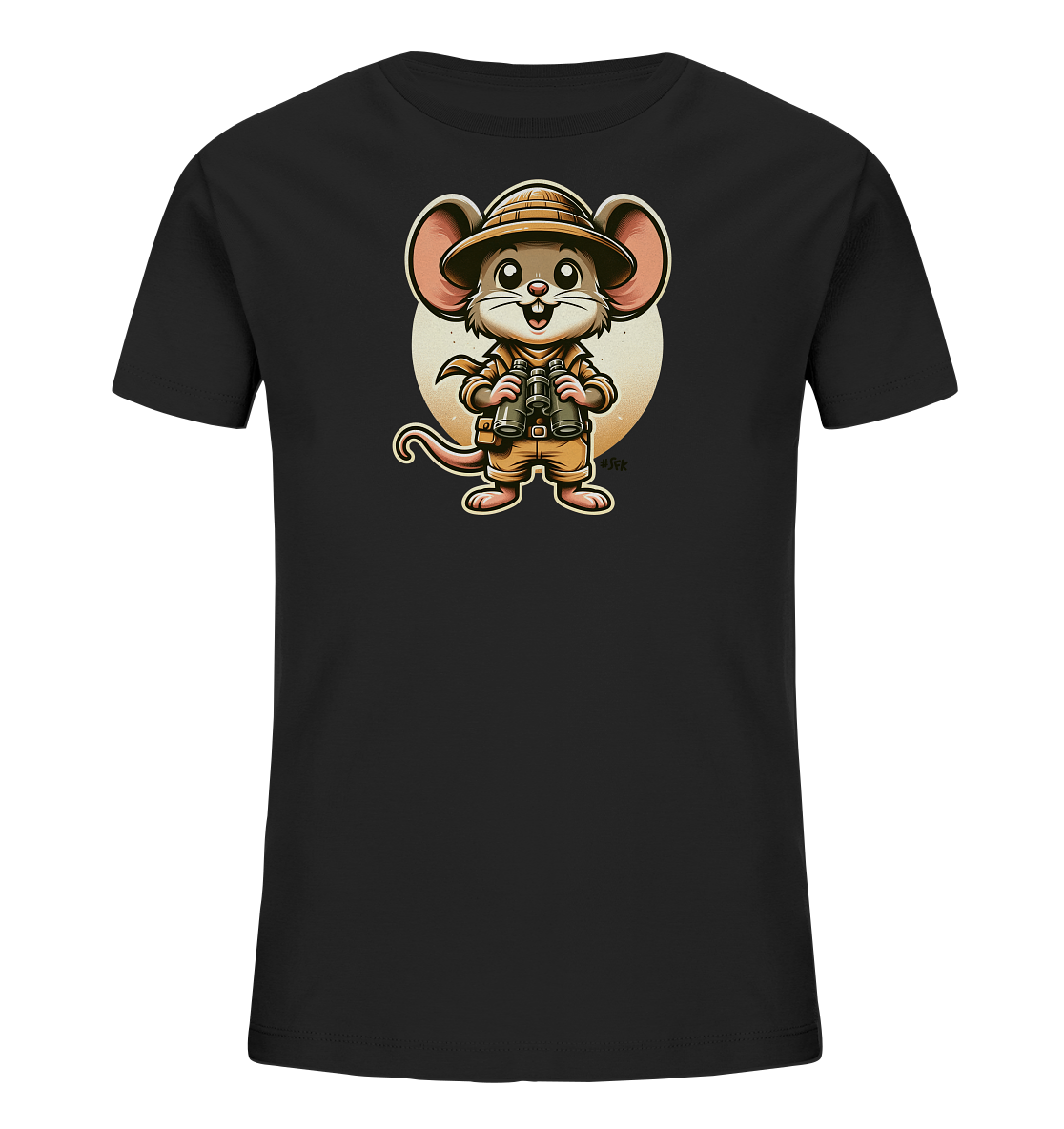 Onlineshop Shirts fuer Kinder - Das Bild zeigt ein schwarzes Kinder-T-Shirt mit einer lustigen Comic-Maus auf der Vorderseite. Die Maus traegt ein Safari-Outfit, bestehend aus Hut und Weste, und haelt ein Fernglas in den Pfoten. Hinter der Figur ist ein grosser, heller Kreis zu sehen. Die Illustration wirkt freundlich und weckt Abenteuerlust.