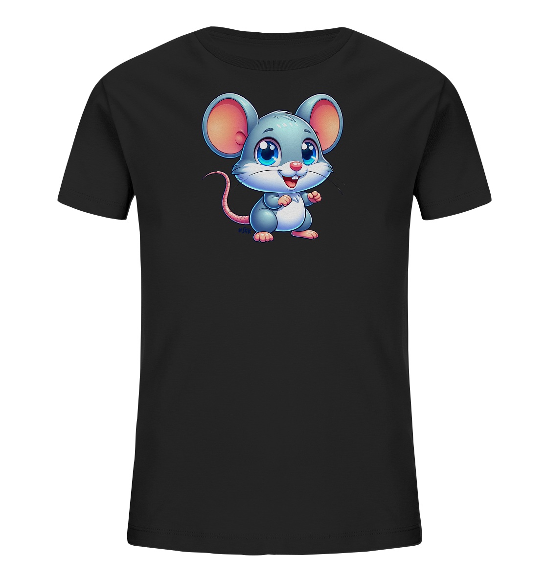 Onlineshop Shirts fuer Kinder - Das Bild zeigt ein schwarzes Kinder-T-Shirt mit einem grossen, farbigen Motiv auf der Vorderseite. Abgebildet ist eine freundliche, cartoonhafte Maus mit blauen Augen und rosa Ohren. Die Maus steht auf ihren Hinterbeinen und schaut direkt nach vorne. Das Design ist verspielt und auffaellig.