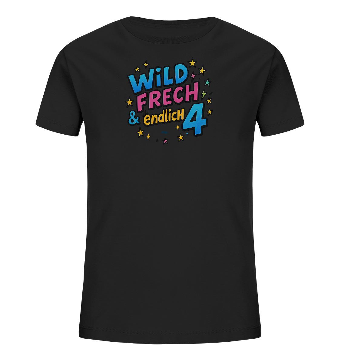 Onlineshop Shirts fuer Kinder - Dieses schwarze Kinder-T-Shirt praesentiert eine farbenfrohe Grafik. Es zeigt den Text "WILD FRECH & endlich" in leuchtenden Blau-, Pink- und Gelbtoenen. Eine grosse, auffaellige Zahl Vier in Tuerkis ist prominent platziert. Das Design ist zusaetzlich mit kleinen Sternen und Blitzen verziert, was ihm einen dynamischen Look verleiht.