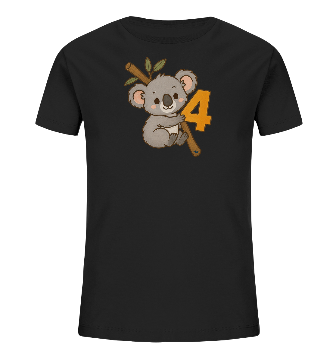 Onlineshop Shirts fuer Kinder - Das Bild zeigt ein schwarzes T-Shirt mit einem niedlichen Motiv eines Koalas. Der Koala sitzt auf einem Ast mit Blaettern und haelt sich fest. Neben dem Koala ist die orangefarbene Zahl 4 abgebildet. Das Design wirkt freundlich und verspielt, perfekt fuer Kinder.