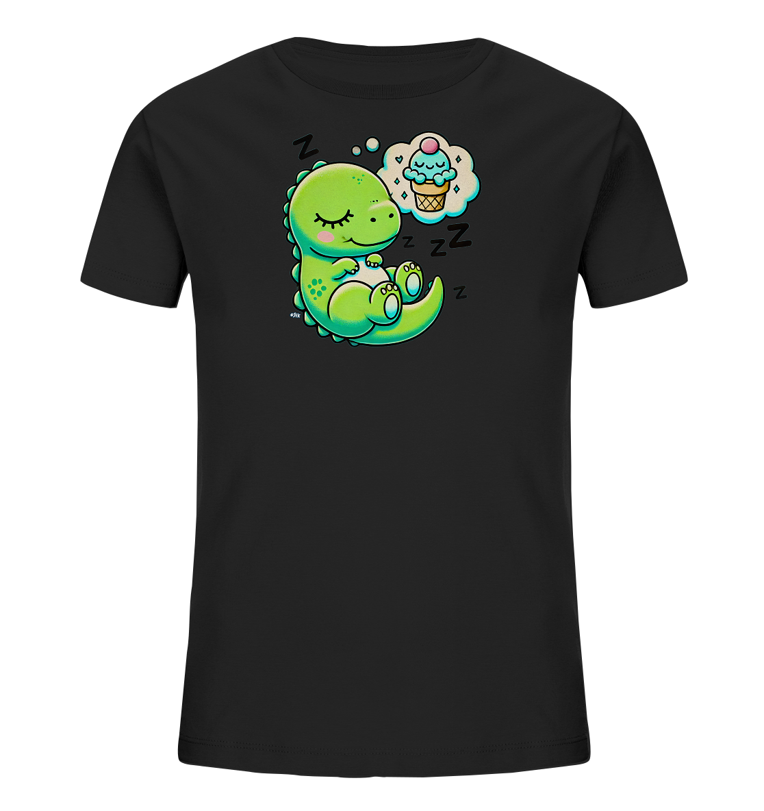 Onlineshop Shirts fuer Kinder - Das Bild zeigt ein schwarzes Kinder-T-Shirt mit einem niedlichen, schlafenden gruenen Dinosaurier-Motiv. Der kleine Dino liegt curled up mit geschlossenen Augen und einem friedlichen Ausdruck. Über ihm schwebt eine Gedankenblase, in der er von einem leckeren Eiscreme traeumt. Mehrere 'Z' Zeichen umrahmen das Motiv und deuten auf tiefen Schlaf hin.