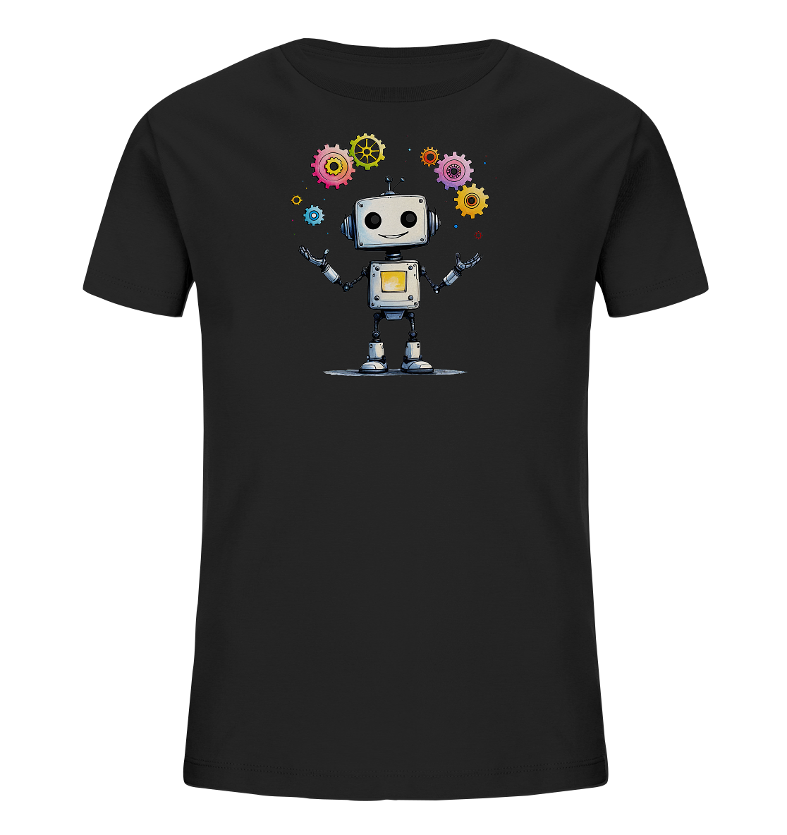 Onlineshop Shirts für Kinder - Das Bild zeigt ein schwarzes T-Shirt speziell für Kinder. Auf der Vorderseite ist eine freundliche, cartoonartige Illustration eines weißen Roboters zu sehen. Der Roboter hat ein lächelndes Gesicht und scheint von mehreren farbenfrohen Zahnrädern in verschiedenen Größen umgeben zu sein, die über ihm schweben. Das Gesamtmotiv ist verspielt und technikbezogen, ideal für junge Fans von Robotern und Mechanik.