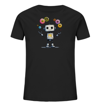 Onlineshop Shirts für Kinder - Das Bild zeigt ein schwarzes T-Shirt speziell für Kinder. Auf der Vorderseite ist eine freundliche, cartoonartige Illustration eines weißen Roboters zu sehen. Der Roboter hat ein lächelndes Gesicht und scheint von mehreren farbenfrohen Zahnrädern in verschiedenen Größen umgeben zu sein, die über ihm schweben. Das Gesamtmotiv ist verspielt und technikbezogen, ideal für junge Fans von Robotern und Mechanik.