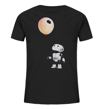 Onlineshop Shirts für Kinder - Das Bild zeigt ein schwarzes T-Shirt, bedruckt mit einer Illustration auf der Vorderseite. Der Print stellt einen kleinen, weißen Roboter mit blauen und gelben Akzenten dar. Der Roboter hat ein freundliches Gesicht und hält an einer Schnur einen großen, hellen Ballon in den Farben Orange und Rosa. Das Motiv ist zentral auf dem Shirt platziert und wirkt fröhlich und kinderfreundlich.