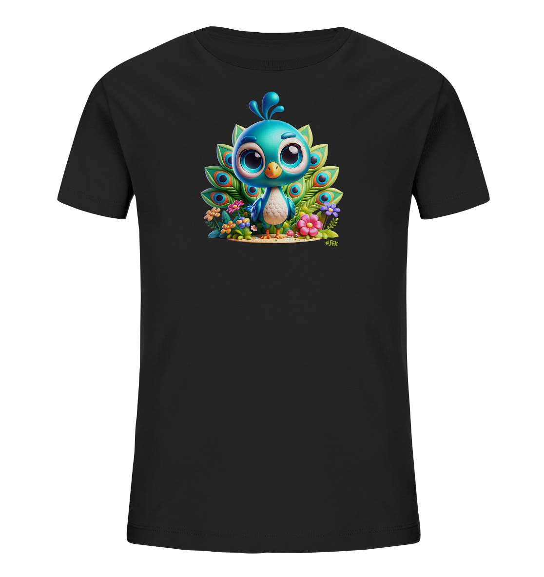 Onlineshop Shirts fuer Kinder - Das Bild zeigt ein schwarzes Kinder-T-Shirt mit einem niedlichen Druck eines Cartoon-Pfauen. Der kleine Pfau ist blau und weiss und sitzt umgeben von bunten Blumen und gruenen Blaettern. Seine Schwanzfedern sind hinter ihm ausgebreitet und zeigen das typische Muster. Das Design ist farbenfroh und verspielt, ideal fuer Kinderkleidung.