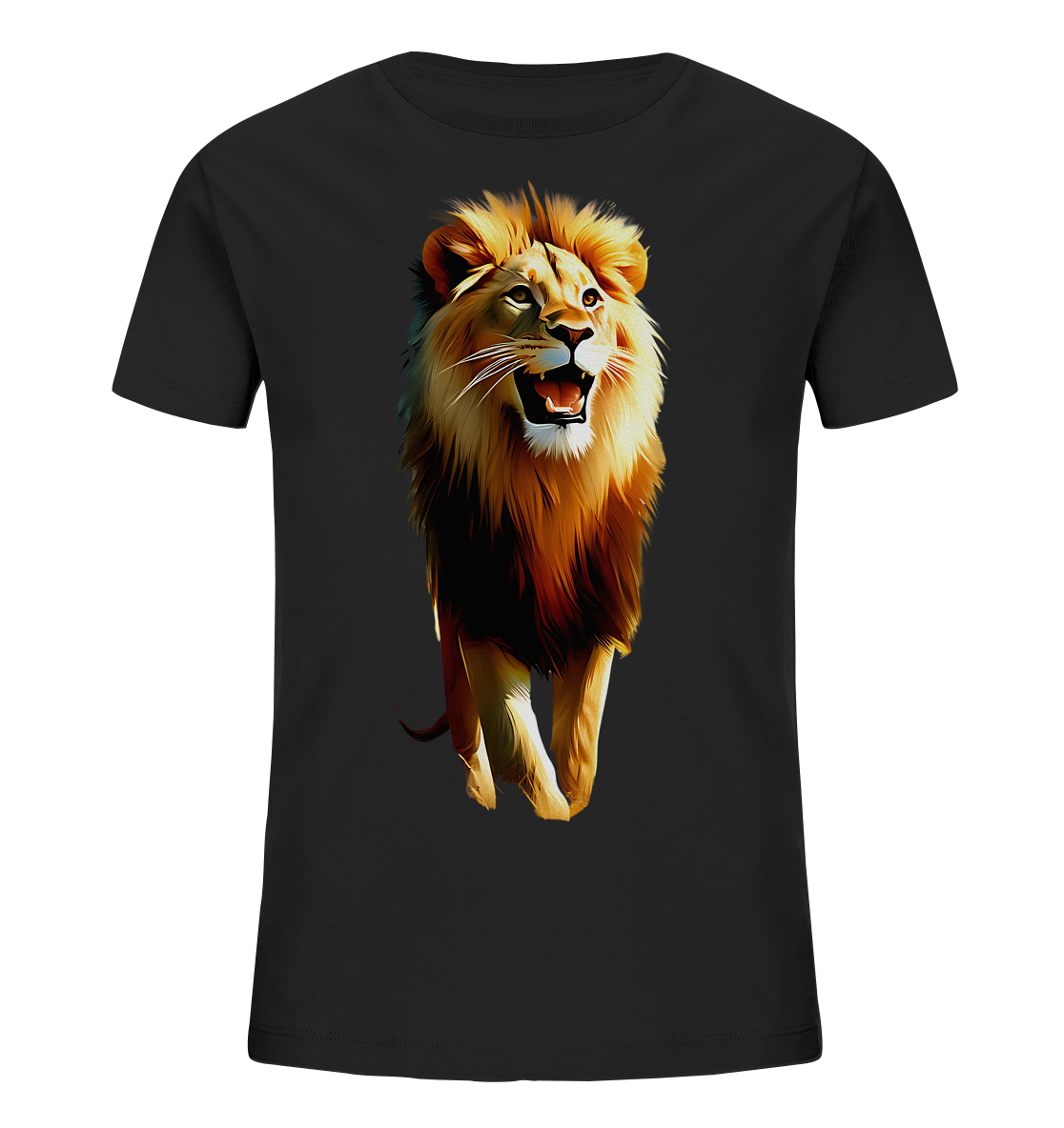 Onlineshop Shirts fuer Kinder - Das Bild zeigt ein schwarzes Kinder T-Shirt mit einem grossen, farbintensiven Aufdruck auf der Vorderseite. Der Aufdruck stellt einen majestaetischen Loewen dar, der in einem Moment des Bruellens oder Schnaufens eingefangen ist. Die detailreiche Illustration hebt das goldbraune Fell, die imposante Maehne und das offene Maul des Tieres hervor. Das Design wirkt kraeftig und ausdrucksstark, ideal fuer ein auffaelliges Kinder T-Shirt.