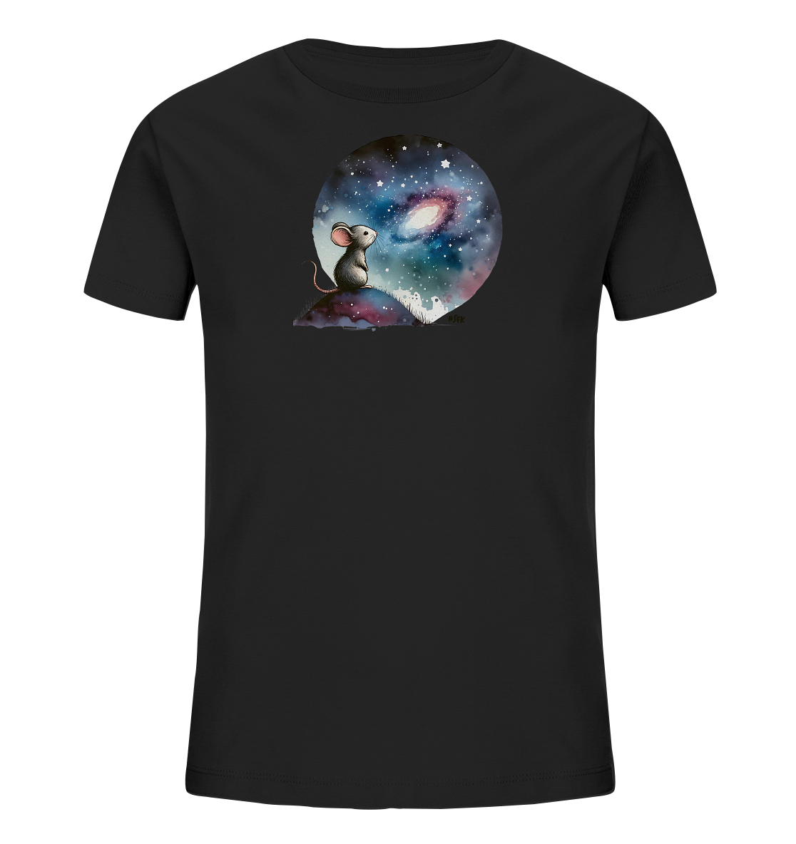 Onlineshop Shirts für Kinder - Das Bild zeigt ein schwarzes Kinder-T-Shirt mit einem runden Aufdruck auf der Vorderseite. Der Aufdruck stellt eine kleine Maus dar, die auf einem Hügel sitzt. Die Maus blickt zum Himmel, der als detaillierter Sternenhimmel mit einer Galaxie oder Nebelzone gestaltet ist. Das Motiv ist in einem künstlerischen Stil gehalten und erinnert an eine nächtliche Beobachtungsszene.