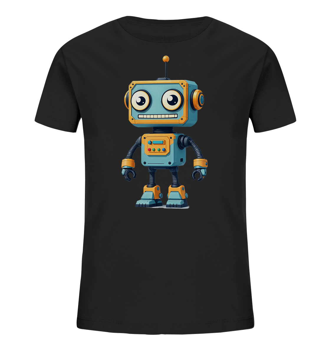 Onlineshop Shirts für Kinder - Das Bild zeigt ein schwarzes Kinder-T-Shirt mit einem bunten, cartoonhaften Roboter-Motiv auf der Vorderseite. Der Roboter ist in Blau, Orange, Gelb und Grau gehalten, hat große, runde Augen und ein breites Lächeln. Auf seinem Körper sind Details wie Knöpfe und Lichter zu sehen, und er besitzt eine kleine Antenne auf dem Kopf. Das Design wirkt freundlich und verspielt, ideal für Kinder.
