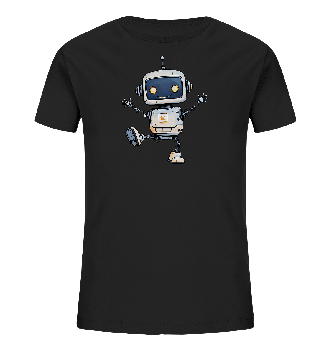 Onlineshop Shirts für Kinder - Das Bild zeigt ein schwarzes Kinder-T-Shirt mit einem farbigen Aufdruck auf der Vorderseite. Der Aufdruck stellt einen freundlichen, cartoonhaften Roboter dar, der in einer dynamischen, tanzenden Pose zu sehen ist. Der Roboter ist überwiegend weiß und grau mit gelben Augen und einem Symbol auf der Brust. Diese Illustration verleiht dem schlichten schwarzen Shirt einen verspielten und energiegeladenen Look, der Kinder ansprechen dürfte.
