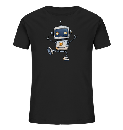Onlineshop Shirts für Kinder - Das Bild zeigt ein schwarzes Kinder-T-Shirt mit einem farbigen Aufdruck auf der Vorderseite. Der Aufdruck stellt einen freundlichen, cartoonhaften Roboter dar, der in einer dynamischen, tanzenden Pose zu sehen ist. Der Roboter ist überwiegend weiß und grau mit gelben Augen und einem Symbol auf der Brust. Diese Illustration verleiht dem schlichten schwarzen Shirt einen verspielten und energiegeladenen Look, der Kinder ansprechen dürfte.