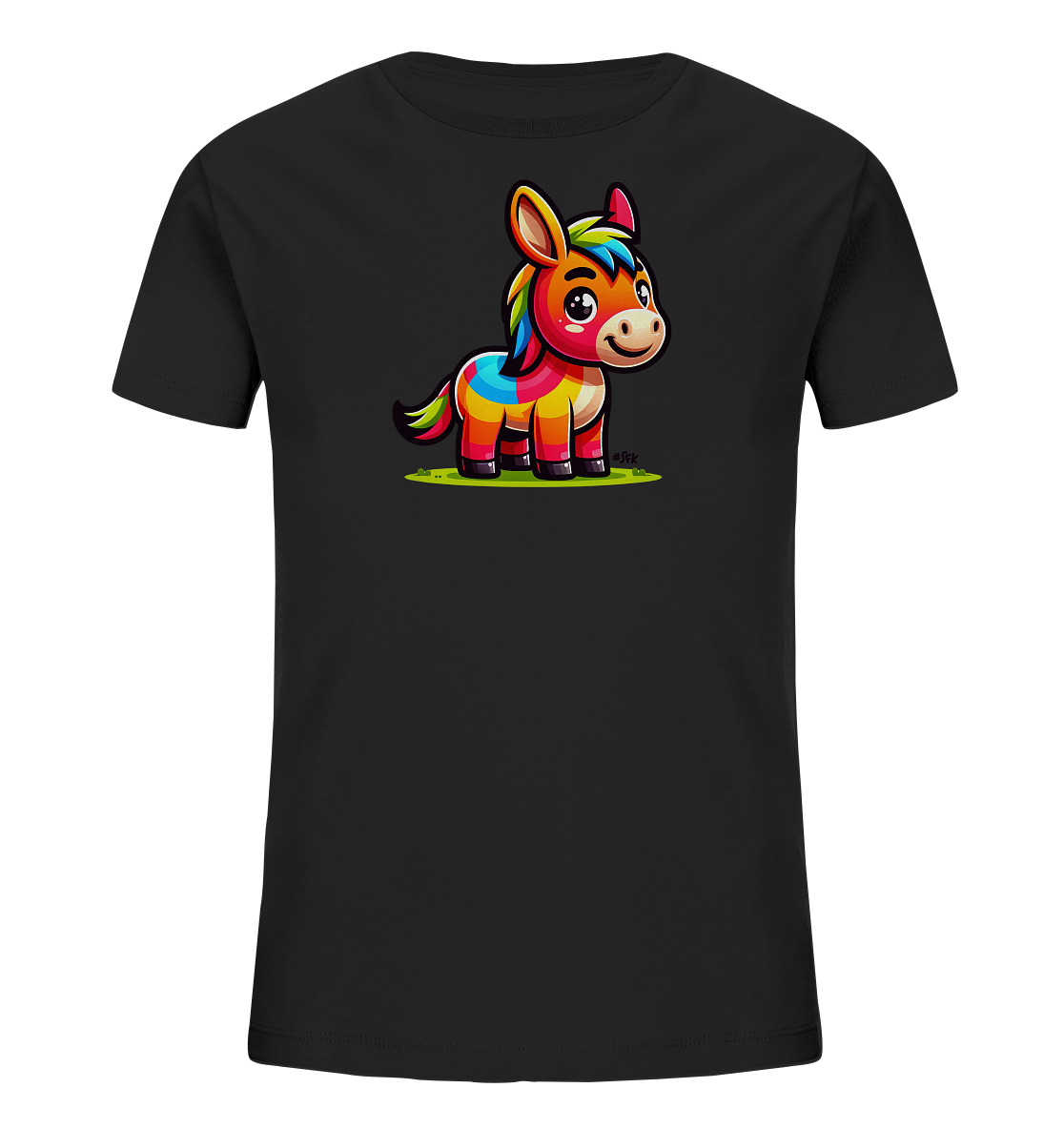 Onlineshop Shirts fuer Kinder - Das Bild zeigt ein schwarzes Kinder-T-Shirt mit einem farbenfrohen Motiv. Im Zentrum des Designs steht ein niedlicher Comic-Esel oder Pony mit leuchtenden Farben wie Rot, Orange, Gelb, Gruen und Blau auf Koerper, Maehne und Schweif. Das freundliche Tier steht auf einem kleinen Grasfleck und hat einen froehlichen Gesichtsausdruck. Dieses spielerische Design macht das Shirt zu einem Blickfang.