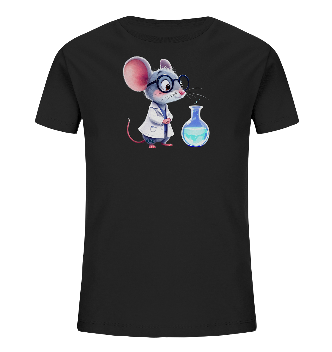 Onlineshop Shirts fuer Kinder - Das Bild zeigt ein schwarzes T-Shirt fuer Kinder. Darauf ist eine graue Cartoon-Maus abgebildet, die eine Brille und einen weissen Laborkittel traegt. Die Maus blickt neugierig auf ein blaues, blubberndes Reagenzglas. Das Design verleiht dem Shirt einen verspielten und wissenschaftlichen Charakter.