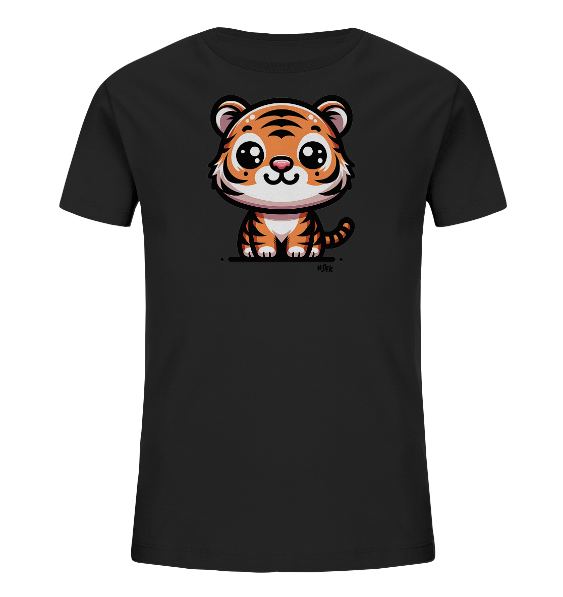 Onlineshop Shirts fuer Kinder - Das Bild zeigt ein schwarzes T-Shirt fuer Kinder. Auf der Vorderseite ist eine Illustration eines niedlichen Cartoon-Tigers zu sehen. Der Tiger hat grosse, ausdrucksstarke Augen und charakteristische orange-schwarze Streifen. Das Design wirkt freundlich und verspielt, ideal fuer Kinderkleidung.
