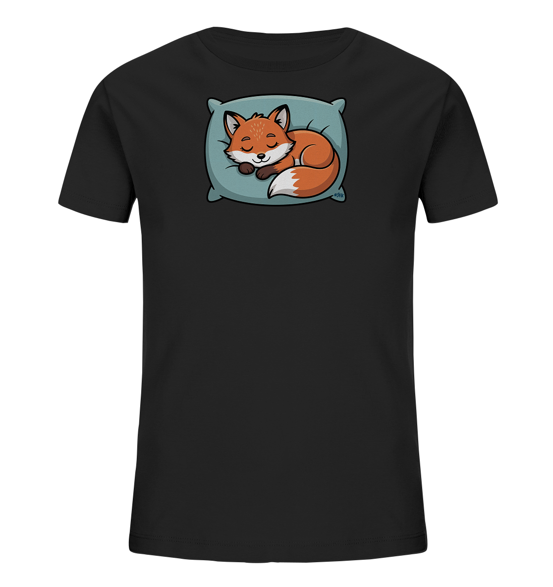 Onlineshop Shirts fuer Kinder - Das Bild zeigt ein schwarzes T-Shirt fuer Kinder. Auf der Vorderseite ist ein niedlicher, schlafender Fuchs abgebildet, der gemuetlich auf einem hellblauen Kissen liegt. Der Fuchs hat orangefarbenes Fell und einen weissen Bauch sowie Schwanzspitze, waehrend seine Augen geschlossen sind. Dieses Design wirkt friedlich und kindgerecht.