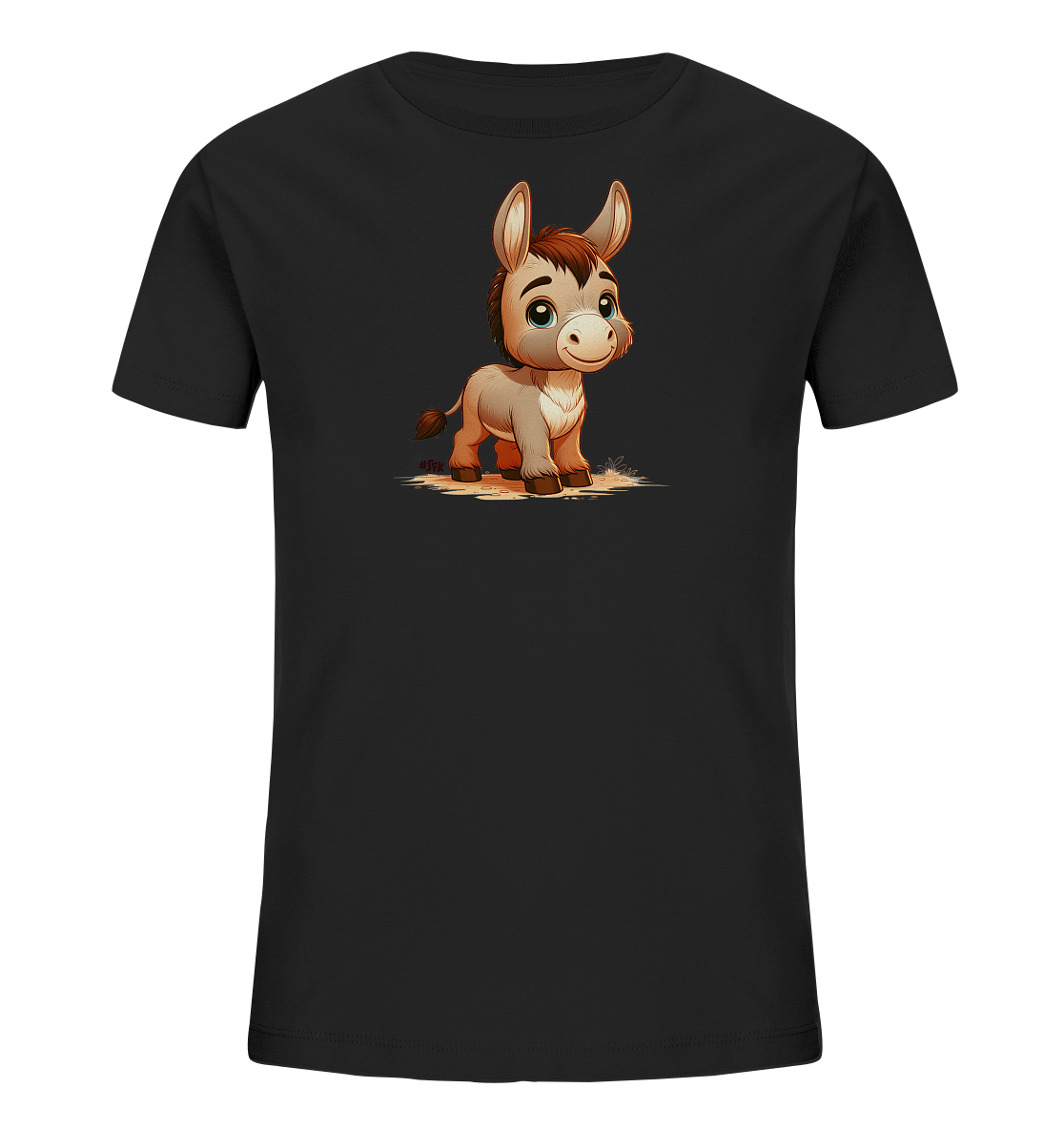 Onlineshop Shirts fuer Kinder - Das Bild zeigt ein schwarzes Kinder-T-Shirt mit einer liebevollen Illustration auf der Vorderseite. Dargestellt ist ein suesser, junger Esel in einem freundlichen Cartoon-Stil. Der Esel steht auf einer angedeuteten Flaeche und blickt mit grossen, blauen Augen nach vorne, was ihm einen besonders niedlichen Ausdruck verleiht.