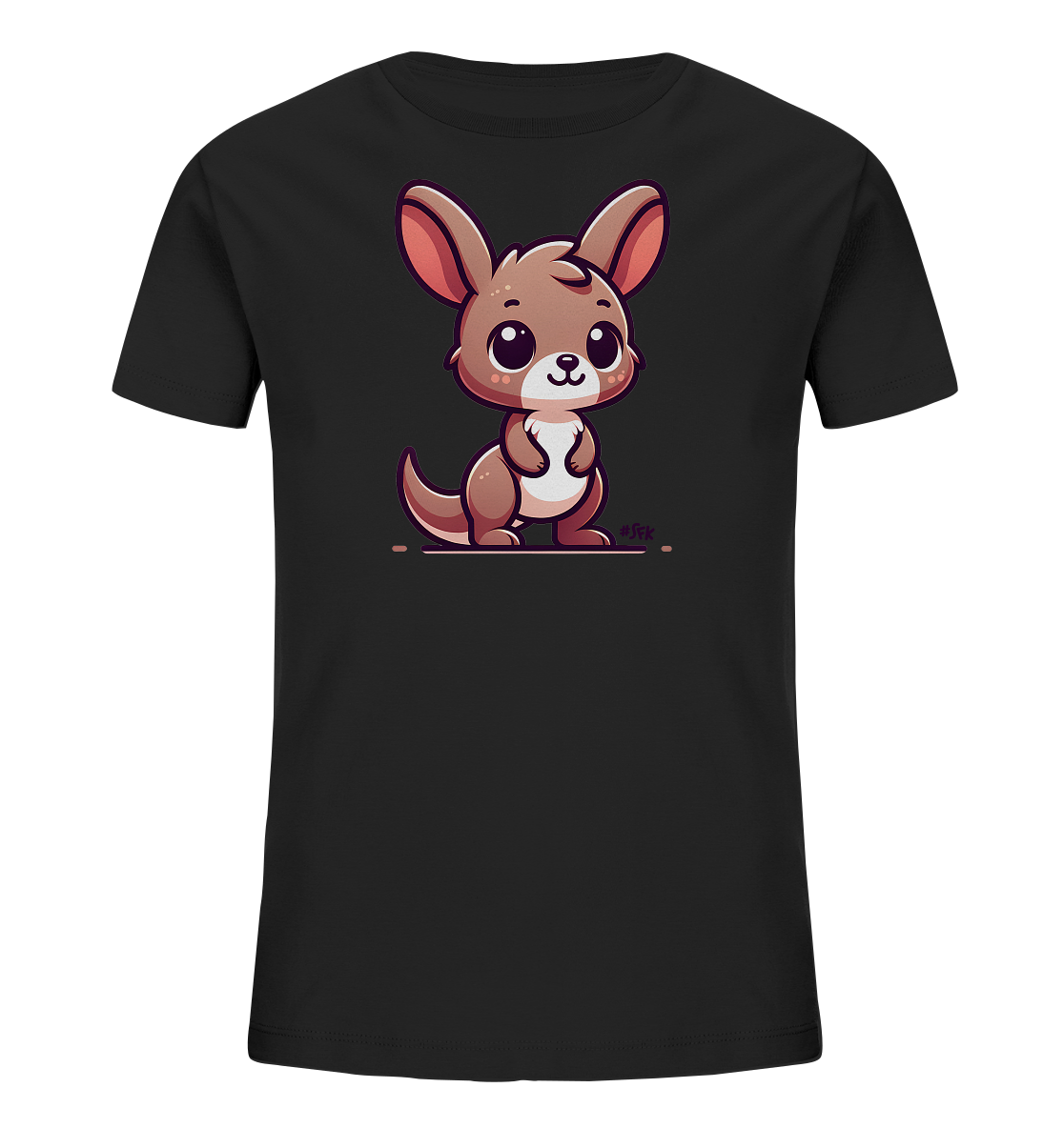 Onlineshop Shirts fuer Kinder - Das Bild zeigt ein schwarzes T-Shirt mit einer suessen Illustration eines kleinen Kaengurus. Das Kaenguru ist braun und hat rosa Details an Ohren und Pfoten. Es steht aufrecht und blickt mit grossen, freundlichen Augen nach vorne. Das Design wirkt verspielt und ansprechend fuer Kinder.