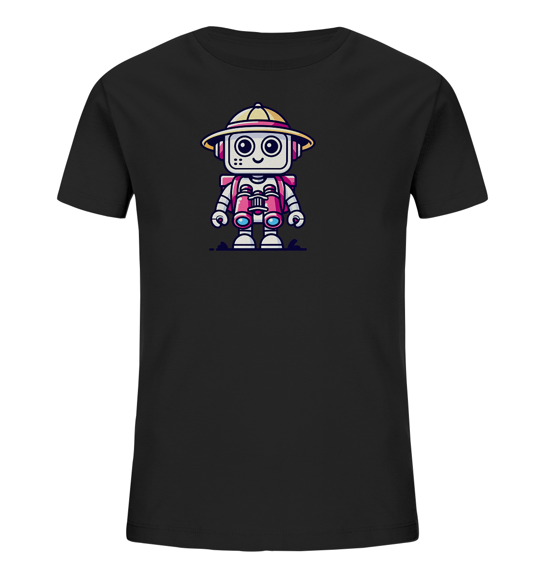 Onlineshop Shirts für Kinder - Dieses schwarze Kinder-T-Shirt präsentiert auf der Vorderseite eine farbige Illustration eines niedlichen Roboters. Der Roboter im Cartoon-Stil ist mit einem Safari-Hut und einem Fernglas ausgestattet, was ihm ein Abenteurer-Aussehen verleiht. Mit großen Augen und einem freundlichen Lächeln strahlt er Positivität aus. Das Design ist detailreich und farbenfroh, wodurch es sich gut vom dunklen Stoff des Shirts abhebt.