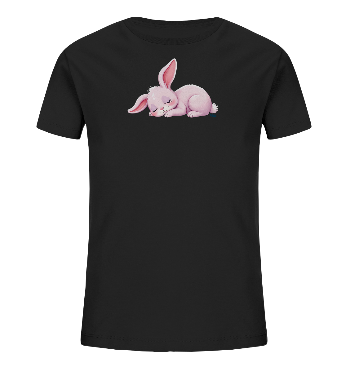 Onlineshop Shirts fuer Kinder - Das Bild zeigt ein schwarzes Kinder-T-Shirt. Auf der Vorderseite ist eine niedliche, rosa Hasen-Illustration zu sehen. Der Hase liegt friedlich schlafend da, mit geschlossenen Augen und leicht angehobenen Ohren. Das Design verleiht dem Shirt eine sanfte und beruhigende Ausstrahlung.