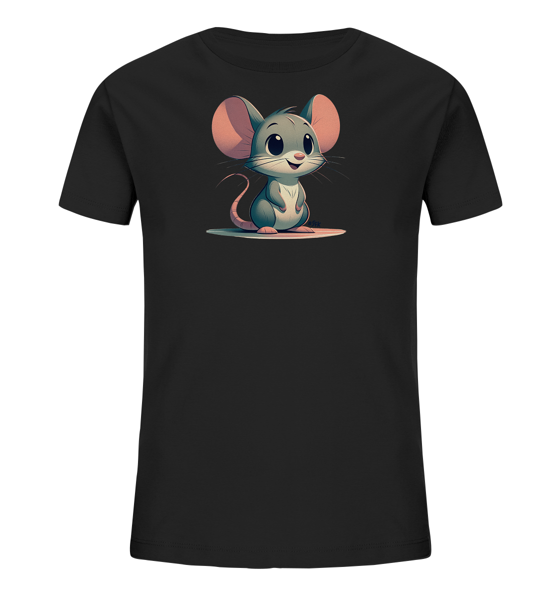 Onlineshop Shirts fuer Kinder - Das Bild zeigt ein schwarzes Kinder-T-Shirt mit einer niedlichen, cartoonhaften Maus auf der Vorderseite. Die Maus hat grosse Ohren und sitzt laechelnd auf einer farbigen Flaeche. Das Design ist schlicht und konzentriert sich auf die freundliche Tiergrafik. Ideal fuer kleine Maeusefreunde.
