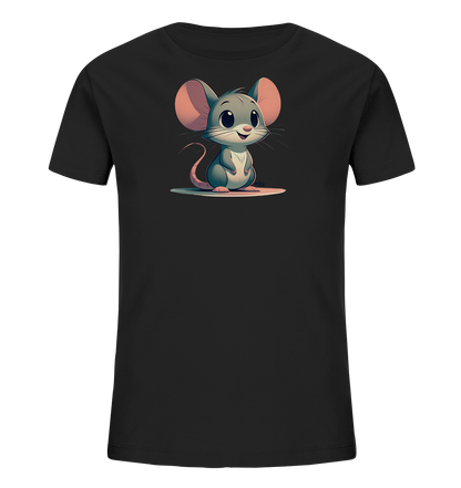 Onlineshop Shirts fuer Kinder - Das Bild zeigt ein schwarzes Kinder-T-Shirt mit einer niedlichen, cartoonhaften Maus auf der Vorderseite. Die Maus hat grosse Ohren und sitzt laechelnd auf einer farbigen Flaeche. Das Design ist schlicht und konzentriert sich auf die freundliche Tiergrafik. Ideal fuer kleine Maeusefreunde.