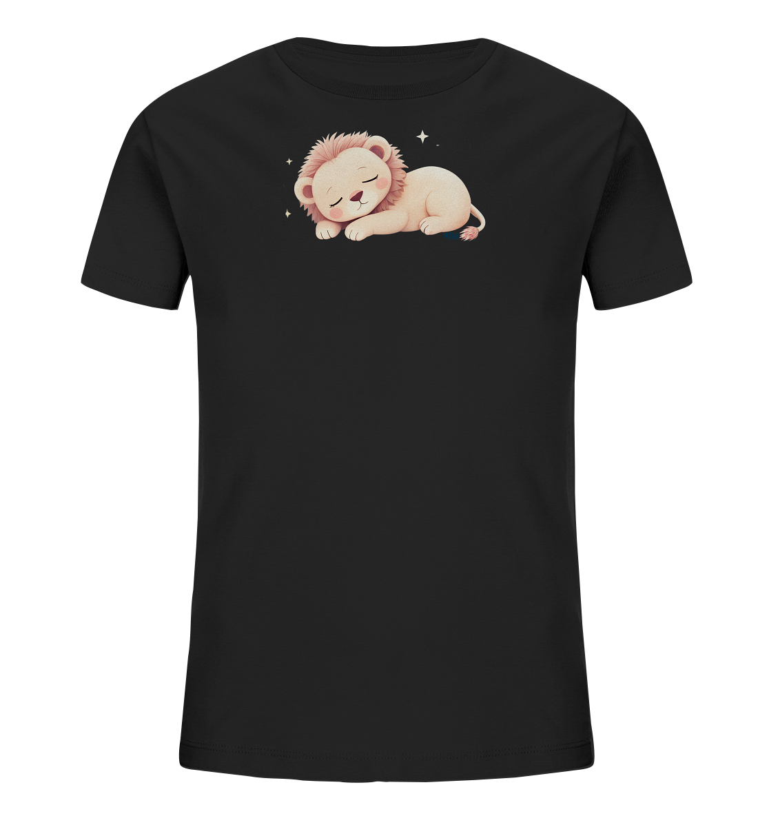 Onlineshop Shirts fuer Kinder - Das Bild zeigt ein schwarzes Kinder-T-Shirt mit einem niedlichen Aufdruck. Darauf ist ein schlafendes Loewenjunges mit rosa Maehne zu sehen, das friedlich eingerollt liegt. Um das Motiv herum sind kleine, funkelnde Sterne platziert. Das Design verleiht dem T-Shirt einen sanften und verspielten Charakter.