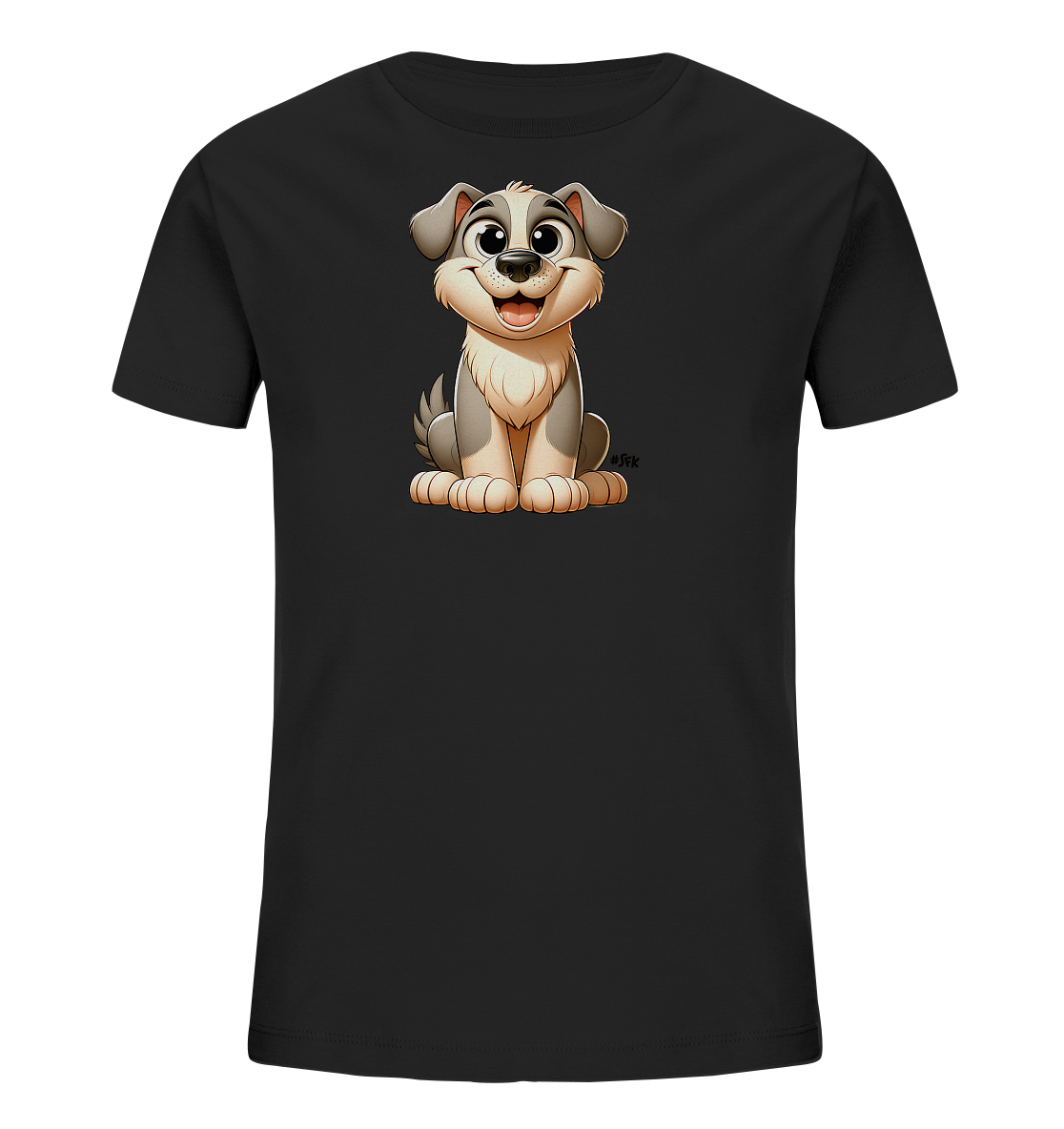 Onlineshop Shirts fuer Kinder - Das Bild zeigt ein schwarzes Kinder-T-Shirt mit einem grossen, cartoonhaften Hundemotiv auf der Vorderseite. Der Hund ist in Grau- und Beigetoenen gehalten, sitzt aufrecht und hat grosse, freundliche Augen sowie ein Laecheln. Die Illustration ist detailliert und verleiht dem Shirt einen froehlichen Charakter. Es ist ein einfacher, aber ansprechender Druck fuer Kinderkleidung.