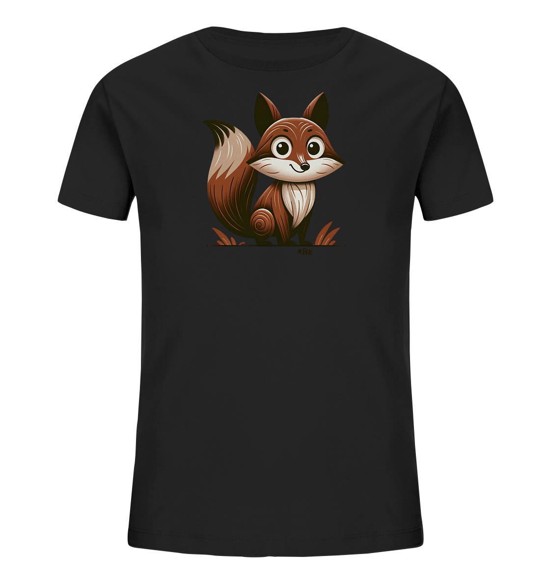 Onlineshop Shirts fuer Kinder - Das Bild zeigt ein schwarzes Kinder-T-Shirt mit einer niedlichen Illustration eines Fuchses auf der Vorderseite. Der Fuchs ist in einem Cartoon-Stil dargestellt, sitzt aufrecht und hat ein freundliches Laecheln. Sein Fell ist braun mit helleren Akzenten, und er sitzt in stilisiertem Gras. Das Motiv wirkt verspielt und ansprechend fuer Kinder.
