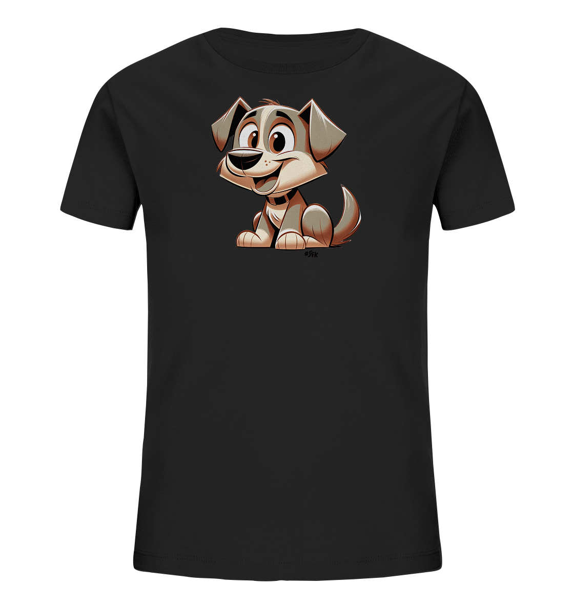 Onlineshop Shirts fuer Kinder - Das Bild zeigt ein schwarzes T-Shirt fuer Kinder mit einer grossen Cartoon-Illustration eines sitzenden Hundes auf der Vorderseite. Der Hund ist in Braun- und Grautoenen gehalten, hat grosse Augen und ein breites Laecheln. Er sitzt aufrecht und sieht freundlich aus. Das Design ist einfach und auf die Illustration des Tieres fokussiert.
