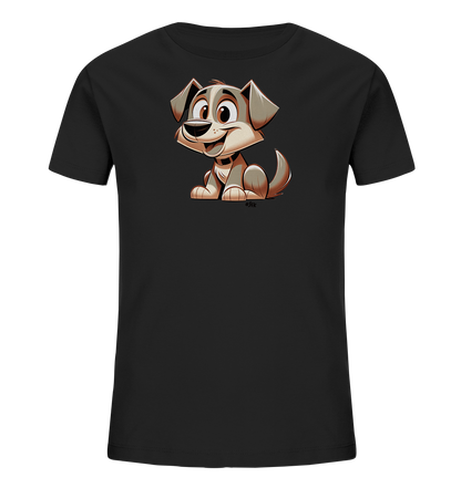 Onlineshop Shirts fuer Kinder - Das Bild zeigt ein schwarzes T-Shirt fuer Kinder mit einer grossen Cartoon-Illustration eines sitzenden Hundes auf der Vorderseite. Der Hund ist in Braun- und Grautoenen gehalten, hat grosse Augen und ein breites Laecheln. Er sitzt aufrecht und sieht freundlich aus. Das Design ist einfach und auf die Illustration des Tieres fokussiert.