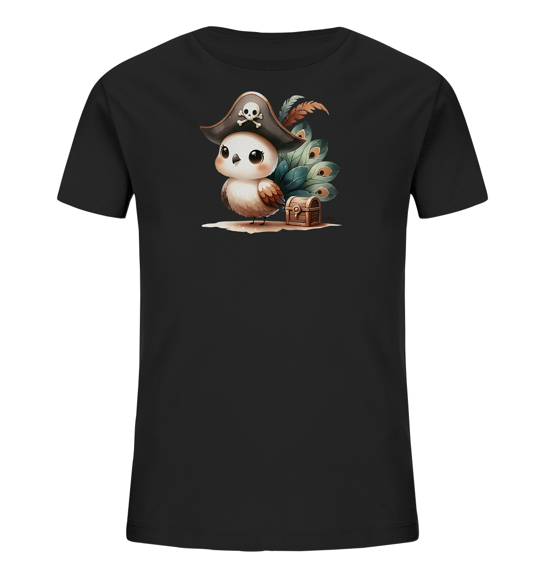 Onlineshop Shirts fuer Kinder - Dieses schwarze Kinder-T-Shirt zeigt eine entzueckende Illustration eines kleinen Vogels in einem Piratenhut, verziert mit einem Totenkopfmotiv. Der Vogel steht neben einer kleinen Schatzkiste auf sandigem Untergrund. Im Hintergrund sind kunstvolle Federn zu sehen, die dem Design einen besonderen Touch verleihen.