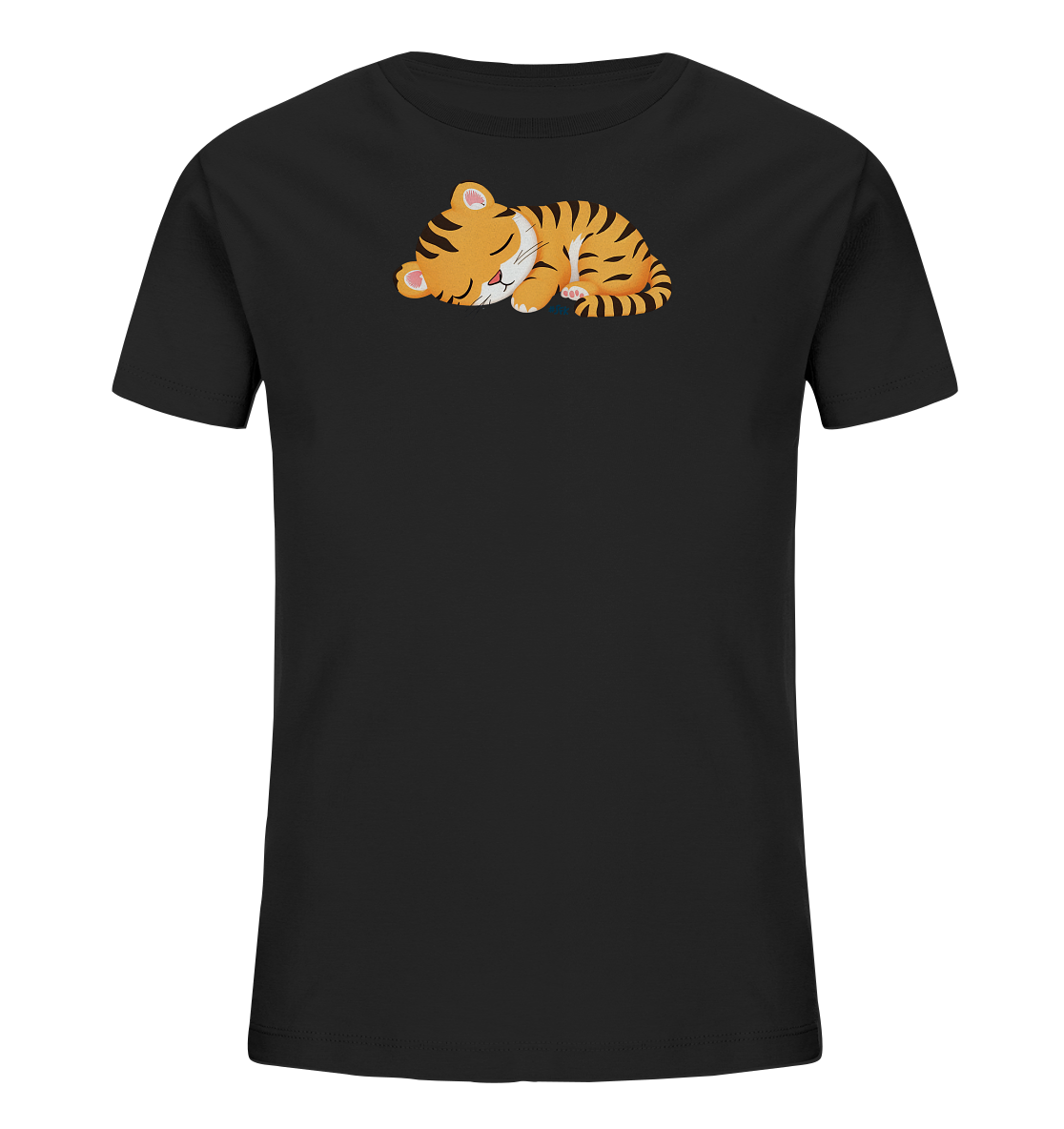 Onlineshop Shirts fuer Kinder - Das Bild zeigt ein schwarzes Kinder-T-Shirt mit einem niedlichen, schlafenden Tigerbaby-Motiv. Das orangefarbene Tigerbaby mit schwarzen Streifen und weissem Bauch ist friedlich zusammengerollt dargestellt, die Augen geschlossen. Es sitzt zentral auf der Vorderseite des Shirts und verleiht diesem einen verspielten Charakter.