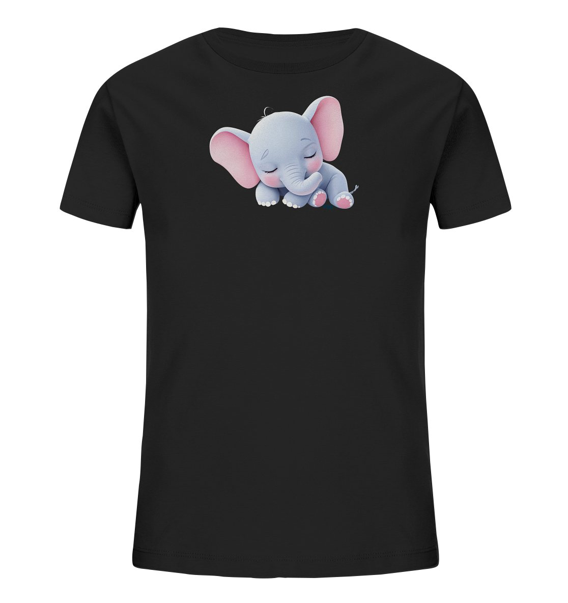 Onlineshop Shirts fuer Kinder - Das Bild zeigt ein schwarzes Kinder-T-Shirt. Auf der Vorderseite ist ein niedliches, schlafendes Baby-Elefantenmotiv abgebildet. Der kleine Elefant hat hellgraues Fell, rosa Ohren und Pfoten, und seine Augen sind friedlich geschlossen. Es liegt entspannt da und vermittelt einen ruhigen und sanften Ausdruck.