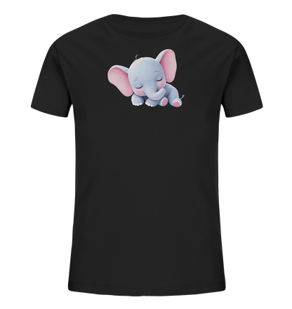 Onlineshop Shirts fuer Kinder - Das Bild zeigt ein schwarzes Kinder-T-Shirt. Auf der Vorderseite ist ein niedliches, schlafendes Baby-Elefantenmotiv abgebildet. Der kleine Elefant hat hellgraues Fell, rosa Ohren und Pfoten, und seine Augen sind friedlich geschlossen. Es liegt entspannt da und vermittelt einen ruhigen und sanften Ausdruck.