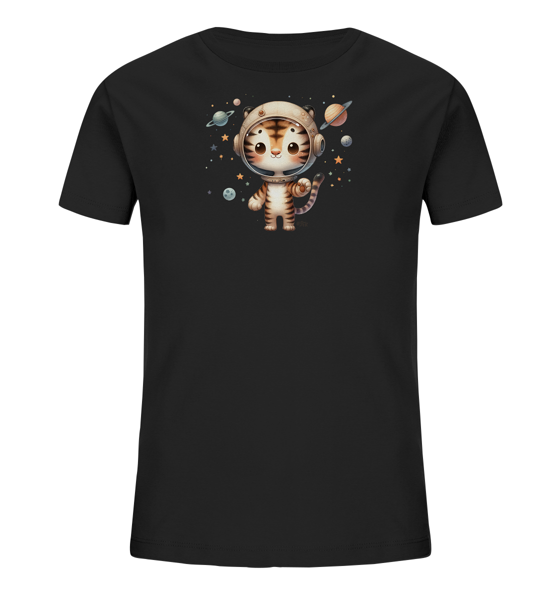 Onlineshop Shirts fuer Kinder - Das Bild zeigt ein schwarzes Kinder-T-Shirt mit einem detailreichen Aufdruck auf der Vorderseite. Zentral ist ein niedlicher Zeichentrick-Tiger zu sehen, der einen Astronautenhelm mit Visier traegt. Um den kleinen Tiger herum schweben bunte Planeten, Monde und leuchtende Sterne, die eine Weltraumszene darstellen. Das Design ist verspielt und thematisch passend fuer kleine Weltraum-Abenteurer.