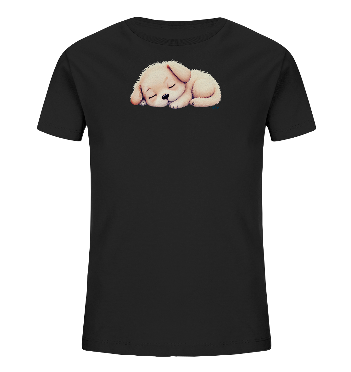 Onlineshop Shirts fuer Kinder - Das Bild zeigt ein schwarzes Kinder-T-Shirt mit einem niedlichen Motiv eines schlafenden Welpen auf der Vorderseite. Der Welpe ist beige gefaerbt, hat grosse, schlappe Ohren und ist friedlich zusammengerollt dargestellt. Das detaillierte Design laesst das Fell weich erscheinen und verleiht dem Shirt eine beruhigende, liebevolle Ausstrahlung.