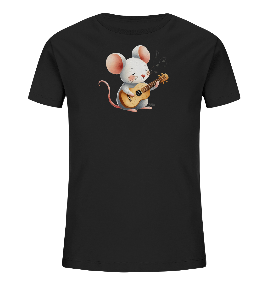 Onlineshop Shirts für Kinder - Das Bild zeigt ein schwarzes Kinder-T-Shirt mit einer niedlichen Illustration auf der Vorderseite. Die Grafik stellt eine weiße Maus mit rosa Ohren dar, die lächelnd eine kleine Ukulele spielt. Über dem Kopf der Maus schweben einige schwarze Noten, die Musik andeuten. Das Design ist verspielt und neutral, passend für Kinder, die Musik oder Tiere mögen.