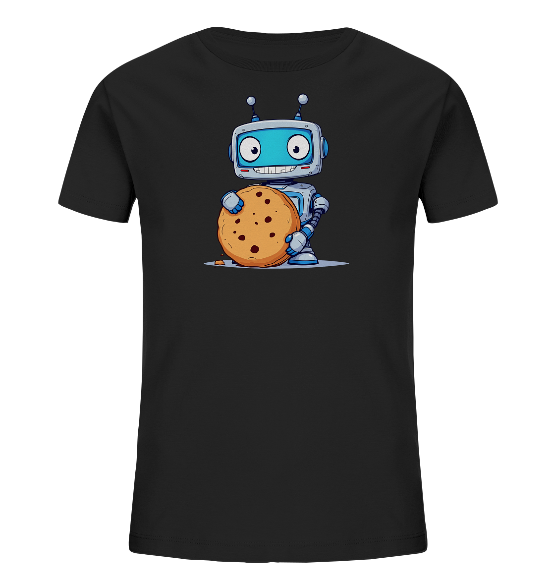 Onlineshop Shirts für Kinder - Das Bild zeigt ein schlichtes, schwarzes T-Shirt. Auf der Vorderseite ist eine farbenfrohe Illustration eines niedlichen Roboters abgebildet. Der Roboter, hauptsächlich in Blau- und Grautönen gehalten, hat große Augen und ein breites Lächeln. Er hält einen großen, runden Schokoladenkeks vor sich. Das Design wirkt verspielt und freundlich.