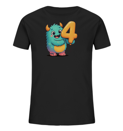 Onlineshop Shirts fuer Kinder - Das Bild zeigt ein schwarzes Kinder-T-Shirt mit einem bunten Motiv auf der Vorderseite. Ein freundliches, blaues Monster mit kleinen Hoernern haelt einen grossen, goldenen Ballon in Form der Zahl '4'. Das Monster hat ein breites Laecheln und wirkt verspielt, mit bunten Akzenten in Gelb und Lila. Das Design ist mittig auf dem Shirt platziert und faellt durch seine leuchtenden Farben auf.