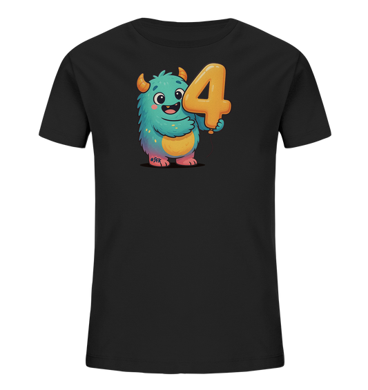 Onlineshop Shirts fuer Kinder - Das Bild zeigt ein schwarzes Kinder-T-Shirt mit einem bunten Motiv auf der Vorderseite. Ein freundliches, blaues Monster mit kleinen Hoernern haelt einen grossen, goldenen Ballon in Form der Zahl '4'. Das Monster hat ein breites Laecheln und wirkt verspielt, mit bunten Akzenten in Gelb und Lila. Das Design ist mittig auf dem Shirt platziert und faellt durch seine leuchtenden Farben auf.