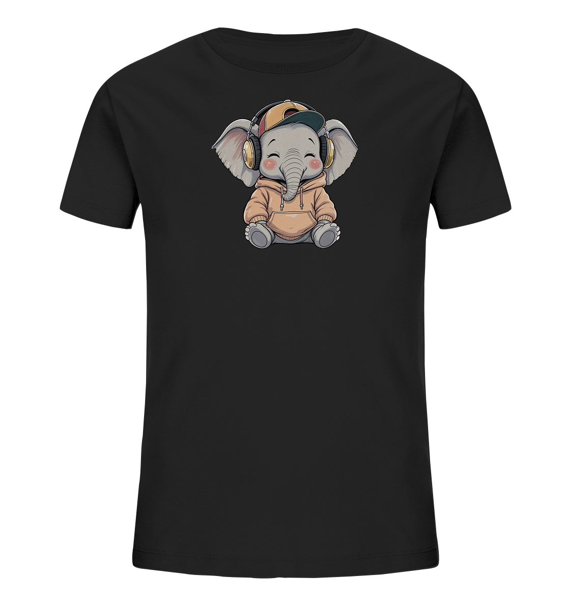 Onlineshop Shirts fuer Kinder - Das Bild zeigt ein schwarzes T-Shirt mit einem niedlichen Cartoon-Elefantenmotiv auf der Vorderseite. Der Elefant traegt einen beigen Hoodie, eine farbige Kappe und goldene Kopfhoerer. Mit geschlossenen Augen und roten Wangen strahlt das Motiv eine froehliche und liebenswerte Stimmung aus. Dieses Design ist ideal fuer Kinder.