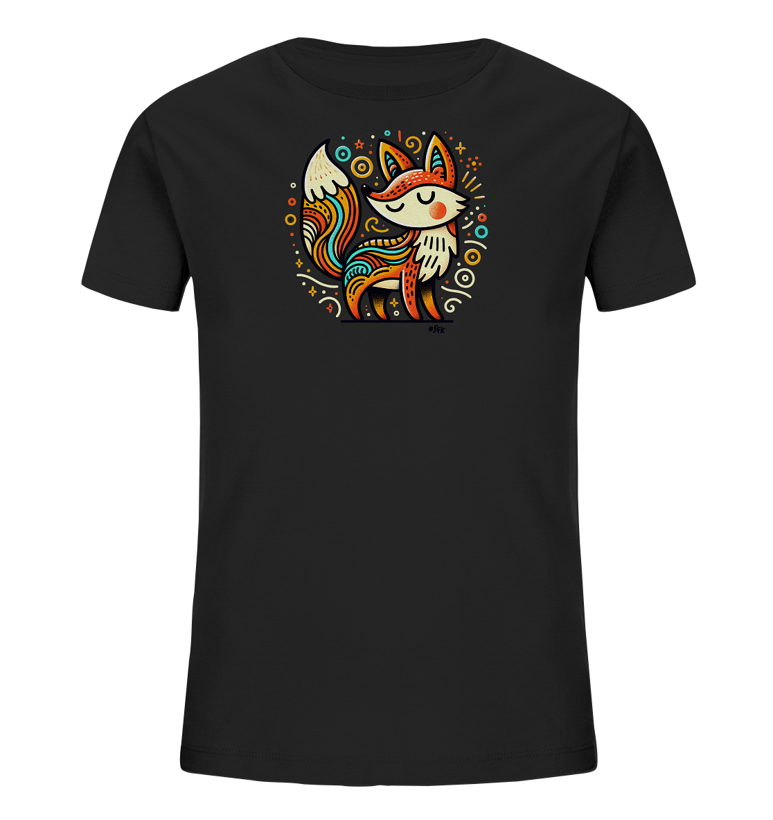 Onlineshop Shirts fuer Kinder - Das Bild zeigt ein schwarzes Kinder-T-Shirt mit einem farbenfrohen, stilisierten Fuchsmotiv auf der Vorderseite. Der Fuchs sitzt und ist mit detaillierten Mustern und leuchtenden Farben wie Orange, Blau und Gelb verziert. Das Motiv ist von abstrakten Formen wie Kreisen und Sternen in einem runden Design umgeben, was ihm einen verspielten Look verleiht. Die Illustration ist kuenstlerisch und auffaellig gestaltet.