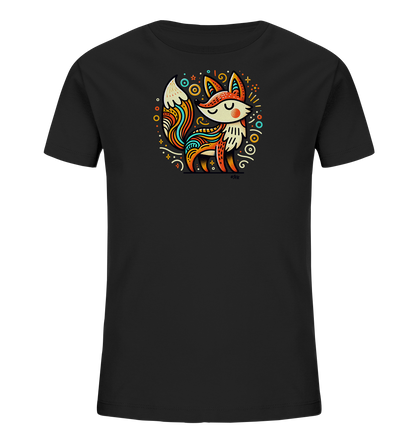 Onlineshop Shirts fuer Kinder - Das Bild zeigt ein schwarzes Kinder-T-Shirt mit einem farbenfrohen, stilisierten Fuchsmotiv auf der Vorderseite. Der Fuchs sitzt und ist mit detaillierten Mustern und leuchtenden Farben wie Orange, Blau und Gelb verziert. Das Motiv ist von abstrakten Formen wie Kreisen und Sternen in einem runden Design umgeben, was ihm einen verspielten Look verleiht. Die Illustration ist kuenstlerisch und auffaellig gestaltet.
