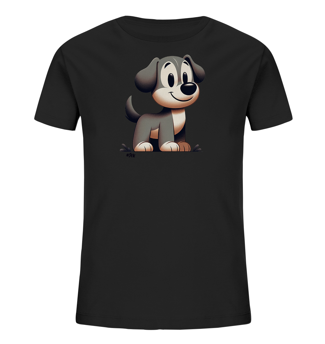Onlineshop Shirts fuer Kinder - Das Bild zeigt ein schwarzes Kinder T-Shirt mit einer niedlichen Comic-Illustration eines sitzenden Hundes auf der Vorderseite. Der Hund hat ein graues Fell mit helleren Details und ein freundliches, breites Laecheln. Seine grossen, runden Augen blicken nach vorne. Dieses Design ist schlicht und ansprechend fuer Kinder.
