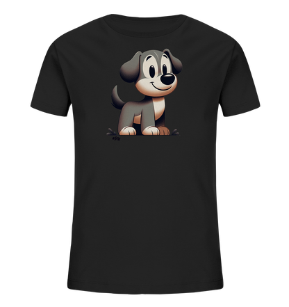 Onlineshop Shirts fuer Kinder - Das Bild zeigt ein schwarzes Kinder T-Shirt mit einer niedlichen Comic-Illustration eines sitzenden Hundes auf der Vorderseite. Der Hund hat ein graues Fell mit helleren Details und ein freundliches, breites Laecheln. Seine grossen, runden Augen blicken nach vorne. Dieses Design ist schlicht und ansprechend fuer Kinder.